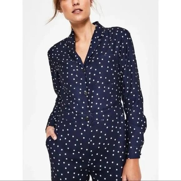 Boden Tillie Navy Blue Polka Dot Jumpsuit Long Sleeve Button Size 4 R US - Picture 1 of 7